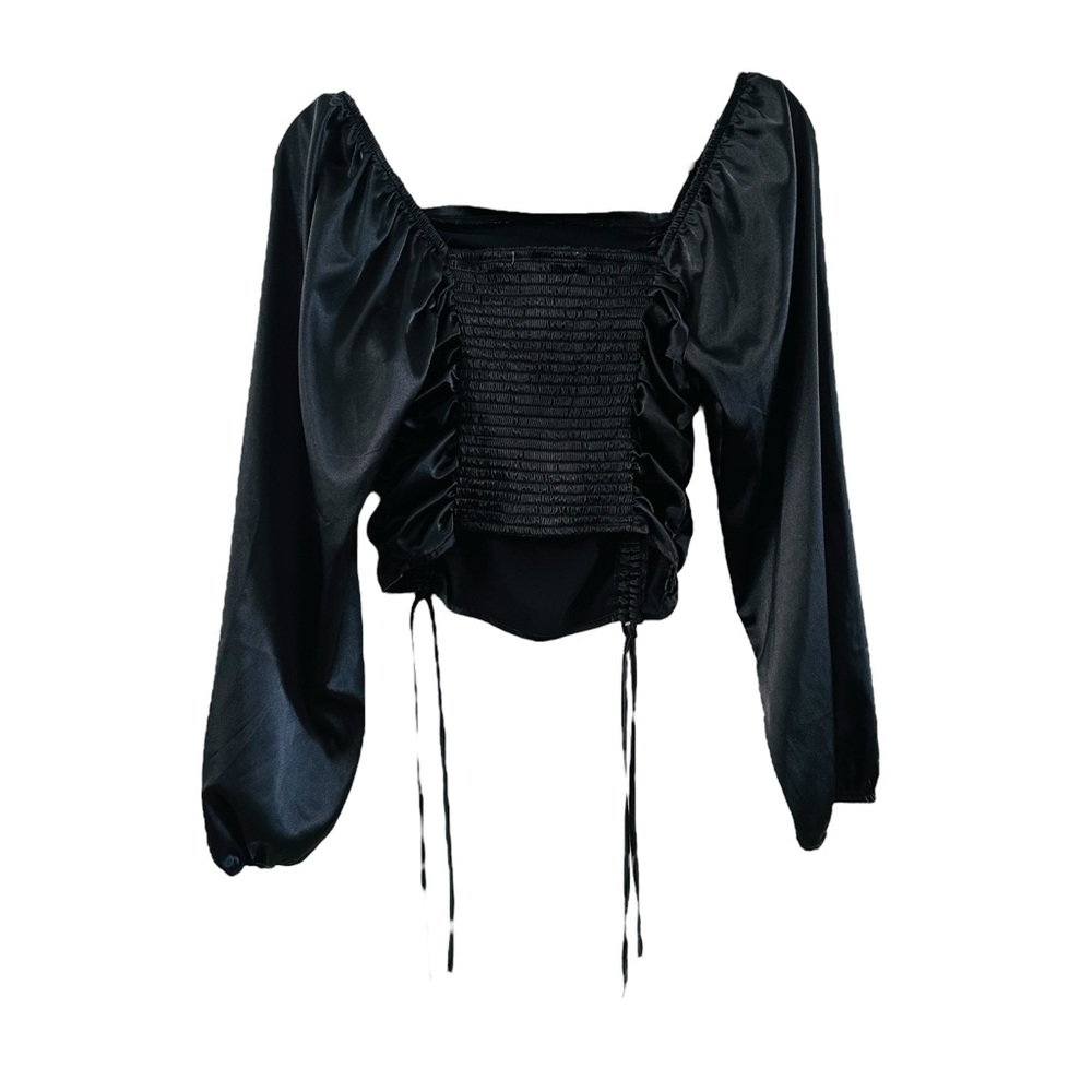 Passport Black Satin Ruched Front Balloon Sleeve Crop Y2K Top size XL - Picture 5 of 7